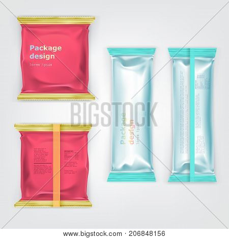 Colorful, branded with ingredients list on back plastic or foil square, rectangular food product template packages realistic vector set isolated on white. Cookies, crackers, chocolate bar pack mock-up
