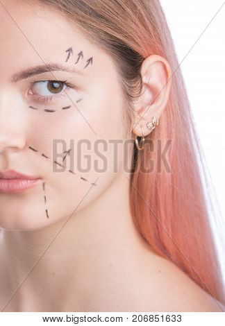 Beautiful girl white studio background perforation lines on face