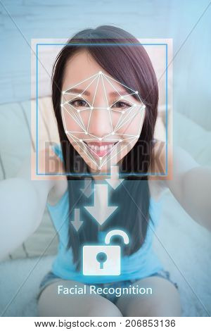 young woman is taking selfie for facial recognition concept