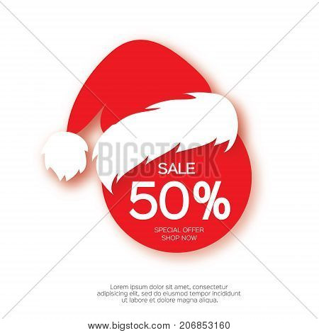 Modern paper cut circle sale banner with Santa Claus hat, special offer, 50 percents discount. Merry Christmas. Happy New Year. Origami Label template. Shop now. Space for text. Vector illustration