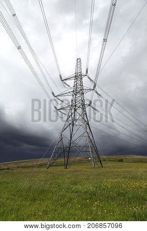 Electricity pylons crossing the Welsh countryside in a vertical format