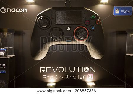 MILAN ITALY - SEPTEMBER 29: Detail of Nacon controller at Games Week 2017 event dedicated to video games and electronic entertainment on SEPTEMBER 29 2017 in Milan.