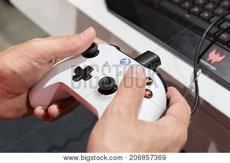 MILAN ITALY - SEPTEMBER 29: Detail of Xbox controller at Games Week 2017 event dedicated to video games and electronic entertainment on SEPTEMBER 29 2017 in Milan.