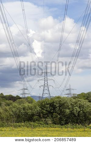 Electrical pylons crossing the countryside in a vertical format