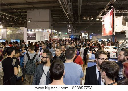 MILAN ITALY - SEPTEMBER 29: People visit Games Week 2017 event dedicated to video games and electronic entertainment on SEPTEMBER 29 2017 in Milan.