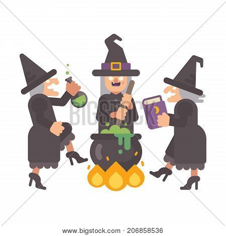 Three Wicked Old Witches Brewing A Potion. Three Evil Sisters Dancing Around The Fire And Cauldron.