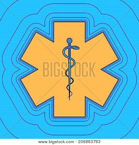 Medical symbol of the Emergency or Star of Life. Vector. Sand color icon with black contour and equidistant blue contours like field at sky blue background. Like waves on map - island in ocean or sea.
