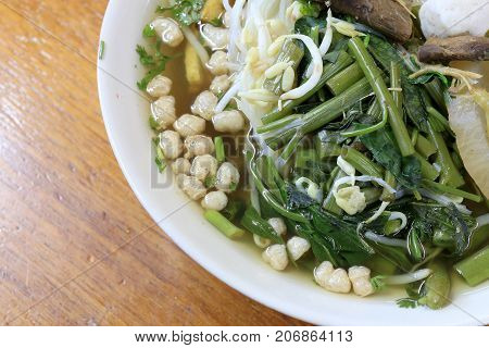 Vietnamse Noodle Soup, Served With Fresh Herbs At The Buddhist Eatery, Radish, Morning Glory, Shiita