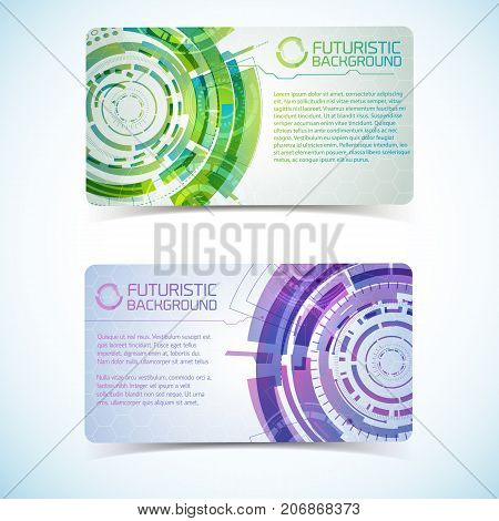 Two horizontal modern virtual technology banners set with purple and green gradient touch interface elements and place for text vector illustration