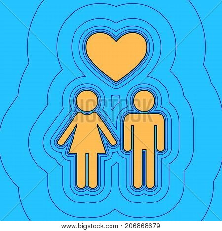 Family symbol with heart. Husband and wife are kept each other's hands. Love. Vector. Sand color icon with black contour and equidistant blue contours like field at sky blue background. Like waves on map - island in ocean or sea.