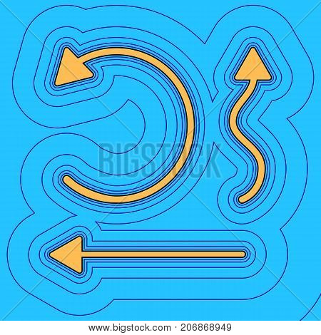 Simple set to Interface Arrows. Vector. Sand color icon with black contour and equidistant blue contours like field at sky blue background. Like waves on map - island in ocean or sea.