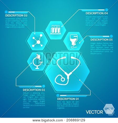 Medicine and pharmacy blue poster with hospital symbols flat vector illustration