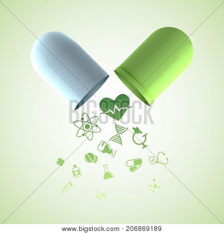 Pills and medication background with prescription and healthcare symbols realistic vector illustration