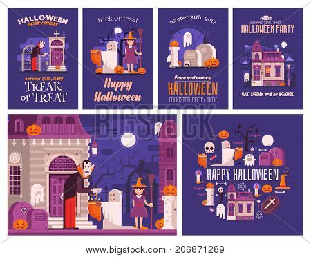 Halloween concept cards and illustrations set. Halloween party invitation templates, trick or treat banner and congratulation card with traditional elements and symbols.