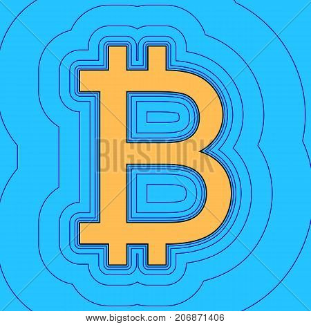 Bitcoin sign. Vector. Sand color icon with black contour and equidistant blue contours like field at sky blue background. Like waves on map - island in ocean or sea.