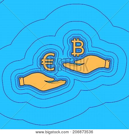 Currency exchange from hand to hand. Euro an Bitcoin. Vector. Sand color icon with black contour and equidistant blue contours like field at sky blue background. Like waves on map - island in ocean or sea.