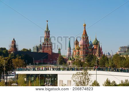 Moscow, Russia - September 23. 2017. Tourists are walking on observation deck in a new park Zaryadye.