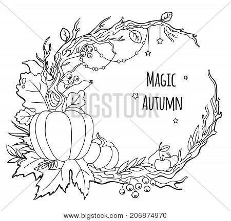 Magic autumn wreath outline vector frame. Pumpkins berries and leaves all on a twisted branches