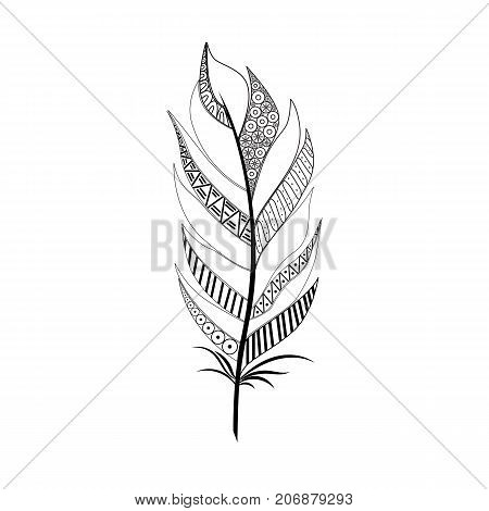 Large Wide Furry Black White Feather with Geometric Patterns. doodle