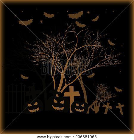 Holiday poster for Halloween with three pumpkins and bats on cemetery with crosses in starry night on black background in style of engraving. Trick or treat vector illustration