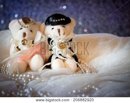 love concept : couple teddy bears in wedding dress for valentine greeting card with bokeh background. love concept wallpaper. wedding invitation card