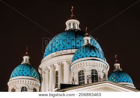 Night View Domes With Stars Of The Troitsky Cathedral In Saint-petersburg