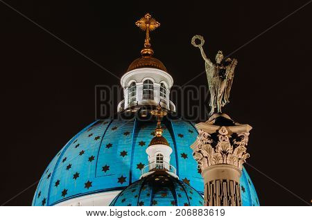 Night View Domes With Stars Of The Troitsky Cathedral In Saint-petersburg