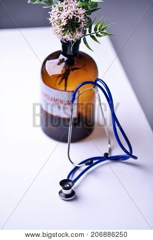 Stethoscope on a table in a doctor's office