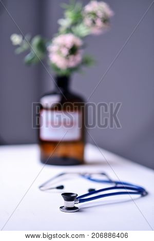 Stethoscope on a table in a doctor's office