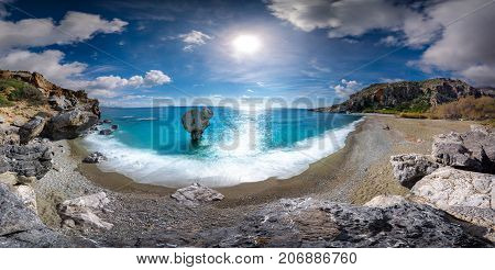 Panorama of Preveli beach at Libyan sea, river and palm forest, southern Crete , Greece