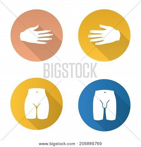 Body parts flat design long shadow glyph icons set. Male and female hands, bikini zone, man's groin. Vector silhouette illustration