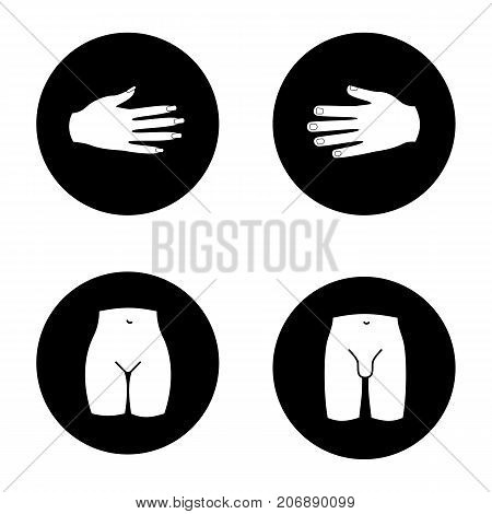 Human body parts glyph icons set. Male and female hands, bikini zone, man's groin. Vector white silhouettes illustrations in black circles