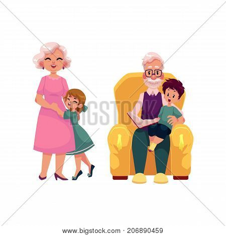 vector flat grandparents and children set. Grandson sitting at grandfather's knees reading book at armchair, grandmother hugging with small girl . Isolated illustration on a white background.