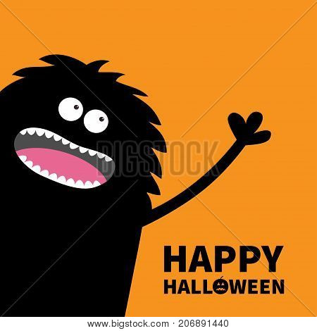 Screaming monster silhouette in the corner looking up. Eyes teeth tongue spooky hands. Black Funny Cute cartoon baby character. Happy Halloween pumpkin text. Flat Orange background. Vector