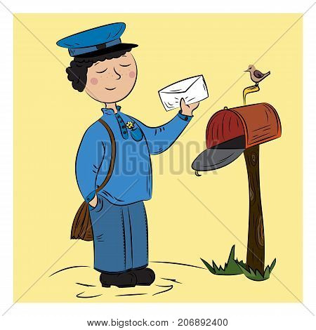Important postman color vector illustration on a yellow background