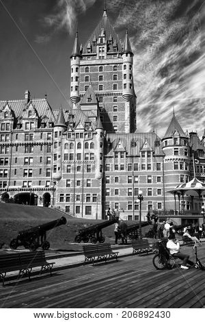 Scenic view of Chateau Frontenac and Dufferin terrace in Quebec city, in Canada