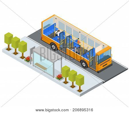 Bus Stop Station Autobus with People and Seats Isometric View Public Transport City. Vector illustration of Bus and Seat