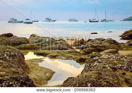 Rocky Beach At Sunset. Beautiful Gold Sundown At Rocky Coast. Selective Focus