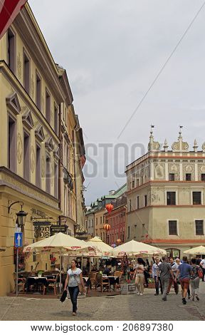 People Are Walking By The Old Town In Lublin, Poland