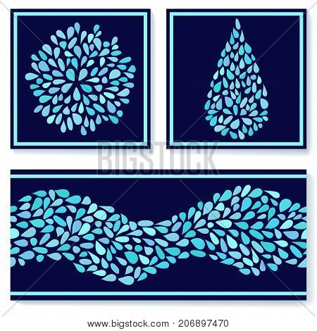 Card template with small water drops forming different shapes. Stock vector illustration of blue splash and flow on dark background.