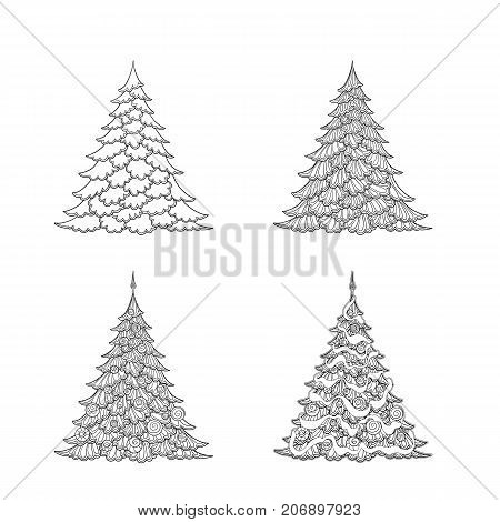 Set of Christmas trees. Good for coloring page for the adult coloring book. Stock vector illustration.