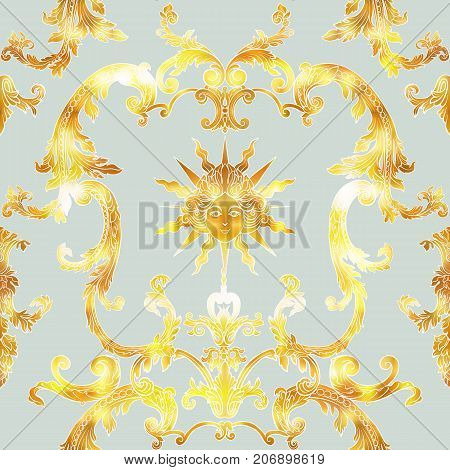 Seamless pattern with richly decorated rococo style floral decor elements. In vintage gold colors. Stock vector illustration.