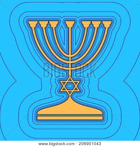 Jewish Menorah candlestick in black silhouette. Vector. Sand color icon with black contour and equidistant blue contours like field at sky blue background. Like waves on map - island in ocean or sea.