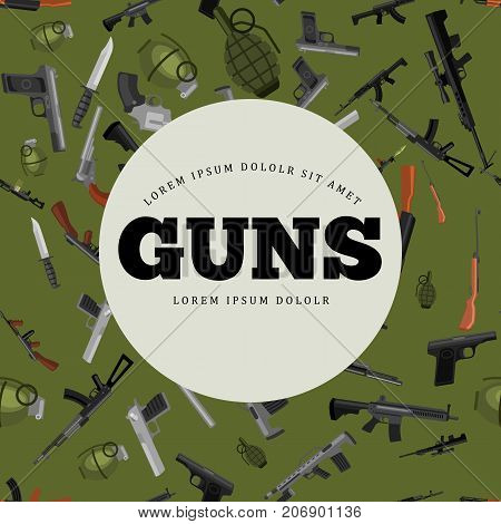military gun seamless pattern, automatic and hand weapon in magazine barrel with bullets for protection shoting or war texture, handgun for hunting and police equipment background vector illustration.