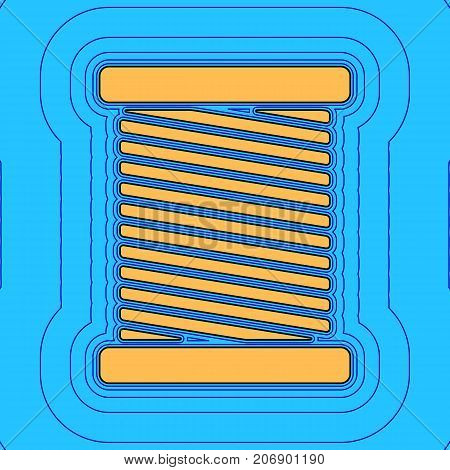 Thread sign illustration. Vector. Sand color icon with black contour and equidistant blue contours like field at sky blue background. Like waves on map - island in ocean or sea.