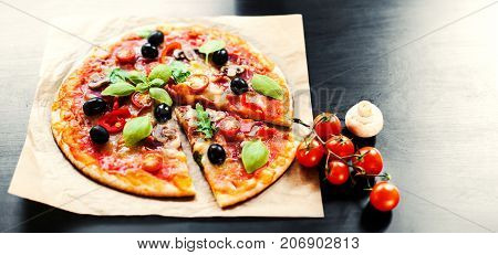 Pizza Margherita mozzarella cheese pizza close up. Delicious italian pizza