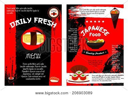 Japanese restaurant menu template of fresh fish sushi rolls, ramen noodles soup or bento lunch and caviar maki, tuna sashimi or salmon unagi and chopsticks for Asian cuisine design
