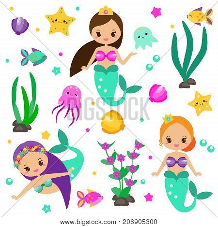 Cute mermaids set and design elements. Stickers clip art for girls in kawaii style. Alga octopus fish and other fairy symbols for invitations scrapbook blogging mobile games