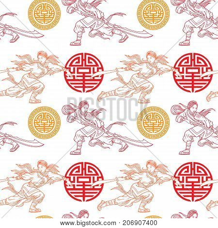 chinese kung-fu girl fighters seamless pattern vector illustration