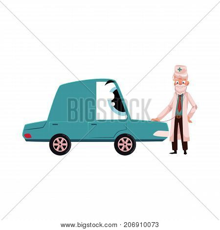 Old male doctor checking health of funny car character with stethoscope, cartoon vector illustration isolated on white background. Doctor curing car chatacter, using stethoscope, auto service concept